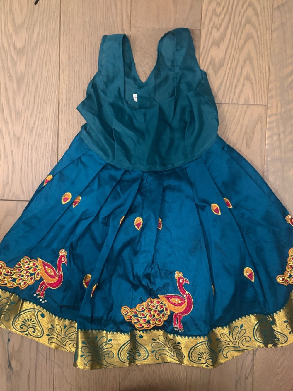 Teal Silk-Look Peacock Skirt Dress with Gold Border indian wedding party desi